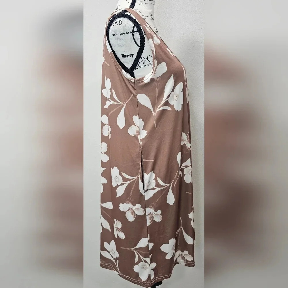 Bon Apple Tea Coffee & White Floral Pocket Sleeveless V Neck Shift Dress Size S - Picture 5 of 12